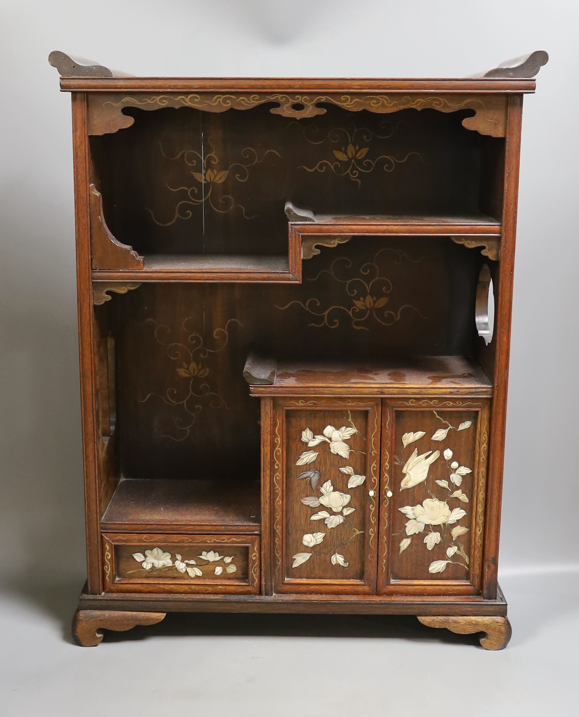 A Japanese hardwood and Shibayma decorated table cabinet, Meiji period, 56cm